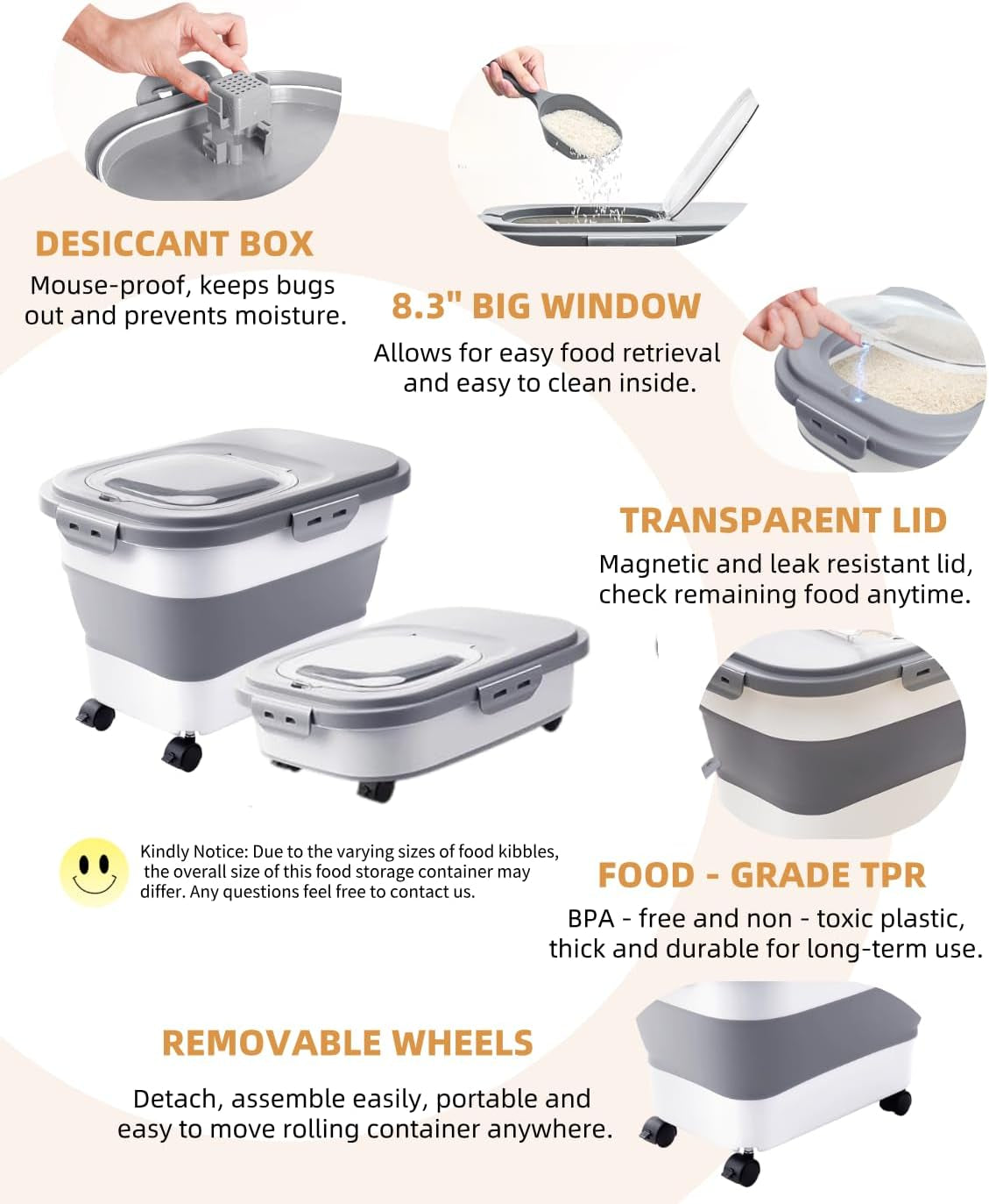 Collapsible Pet Food Storage Container with Wheels – Grey