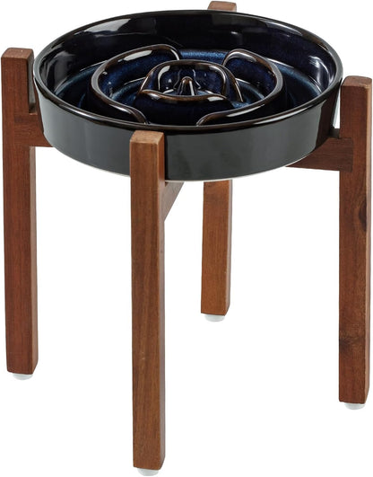 Havniva Ceramic Slow-Feeder Dog Bowl with Wood Stand – Starry Sky