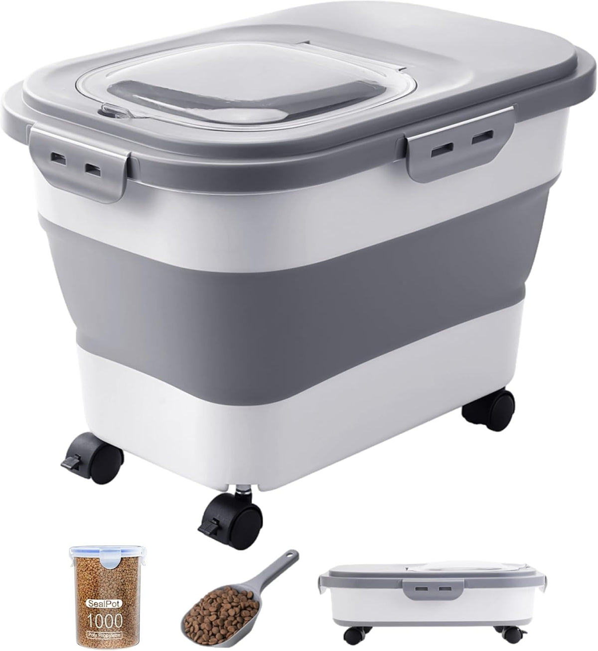 Collapsible Pet Food Storage Container with Wheels – Grey