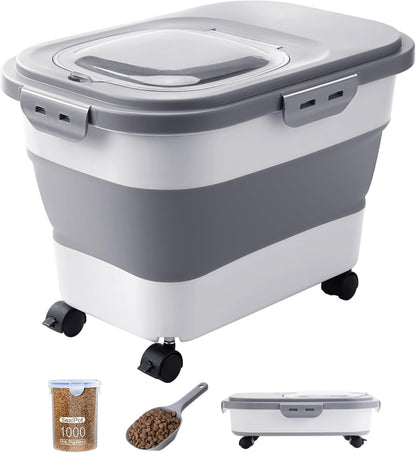 Collapsible Pet Food Storage Container with Wheels – Grey