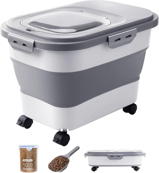 Collapsible Pet Food Storage Container with Wheels – Grey