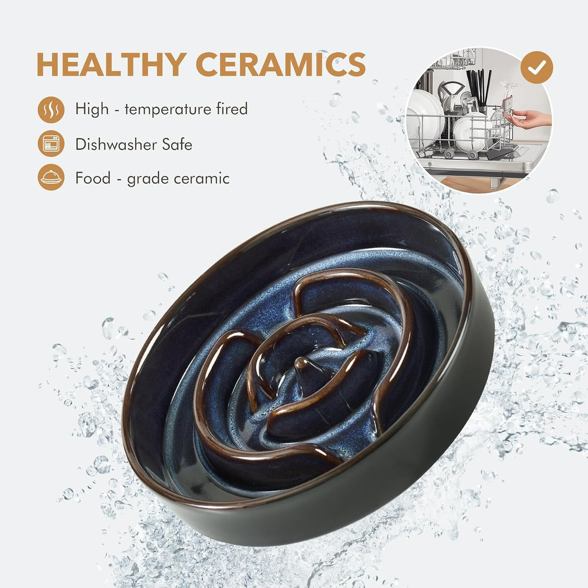 Havniva Ceramic Slow-Feeder Dog Bowl with Wood Stand – Starry Sky