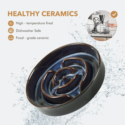 Havniva Ceramic Slow-Feeder Dog Bowl with Wood Stand – Starry Sky