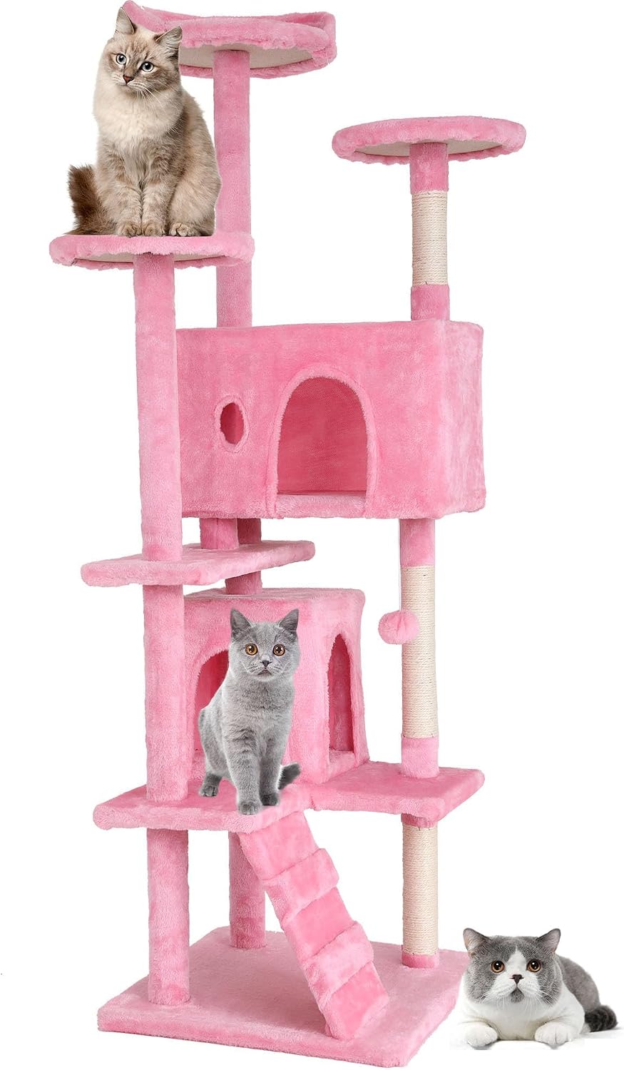 70-Inch Cat Tree with 3 Perches & 2 Cozy Condos – Pink