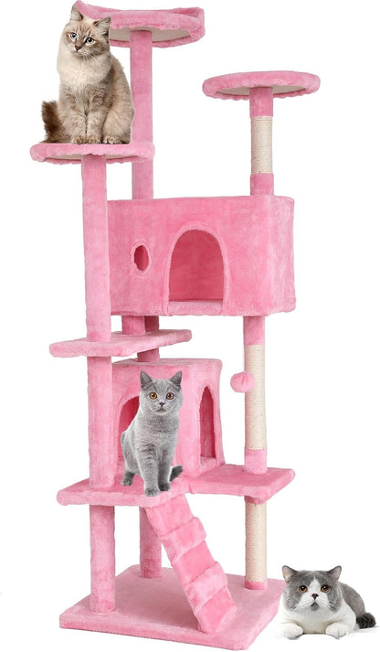 70-Inch Cat Tree with 3 Perches & 2 Cozy Condos – Pink