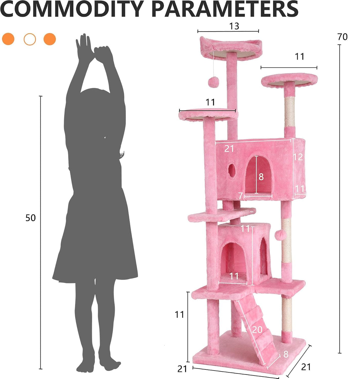 70-Inch Cat Tree with 3 Perches & 2 Cozy Condos – Pink