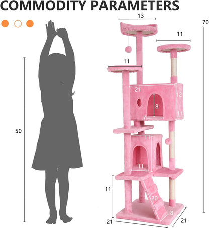 70-Inch Cat Tree with 3 Perches & 2 Cozy Condos – Pink