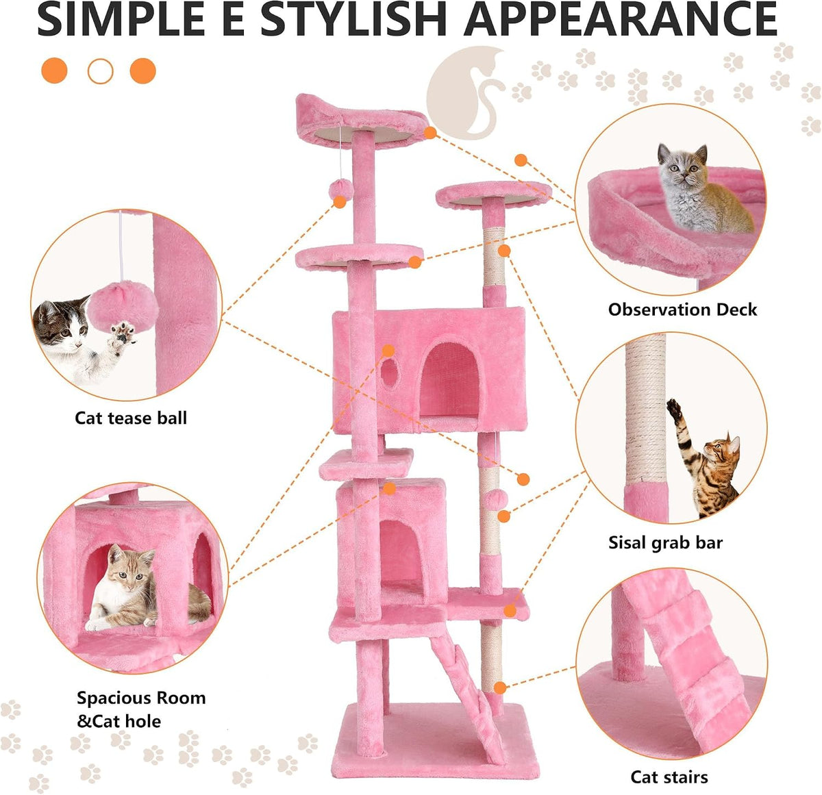 70-Inch Cat Tree with 3 Perches & 2 Cozy Condos – Pink