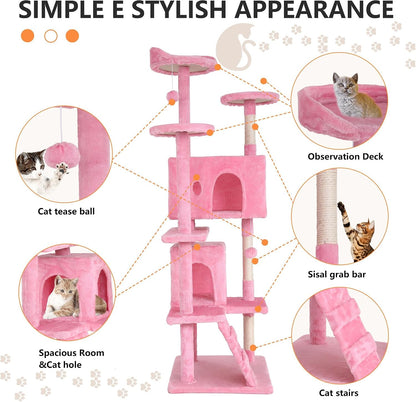 70-Inch Cat Tree with 3 Perches & 2 Cozy Condos – Pink