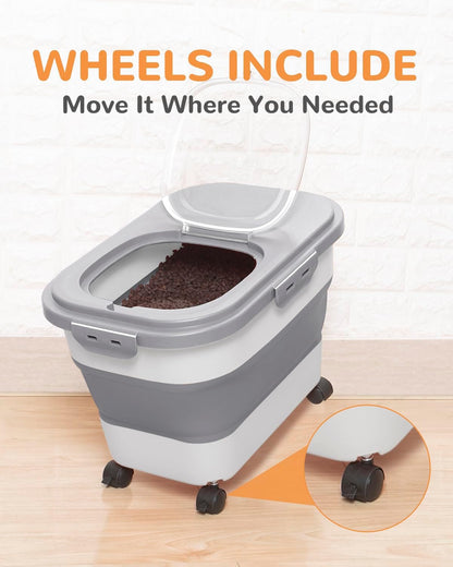 Collapsible Pet Food Storage Container with Wheels – Grey