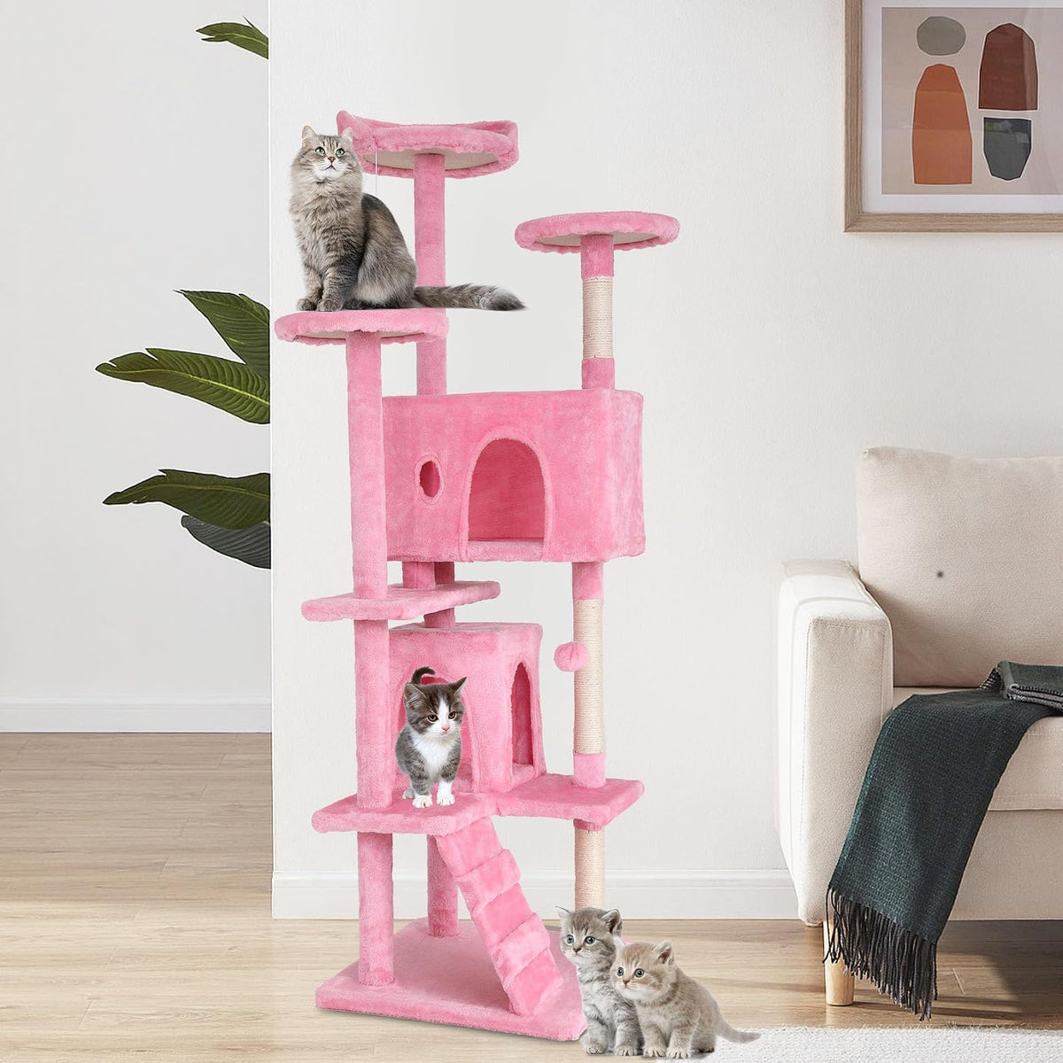 70-Inch Cat Tree with 3 Perches & 2 Cozy Condos – Pink