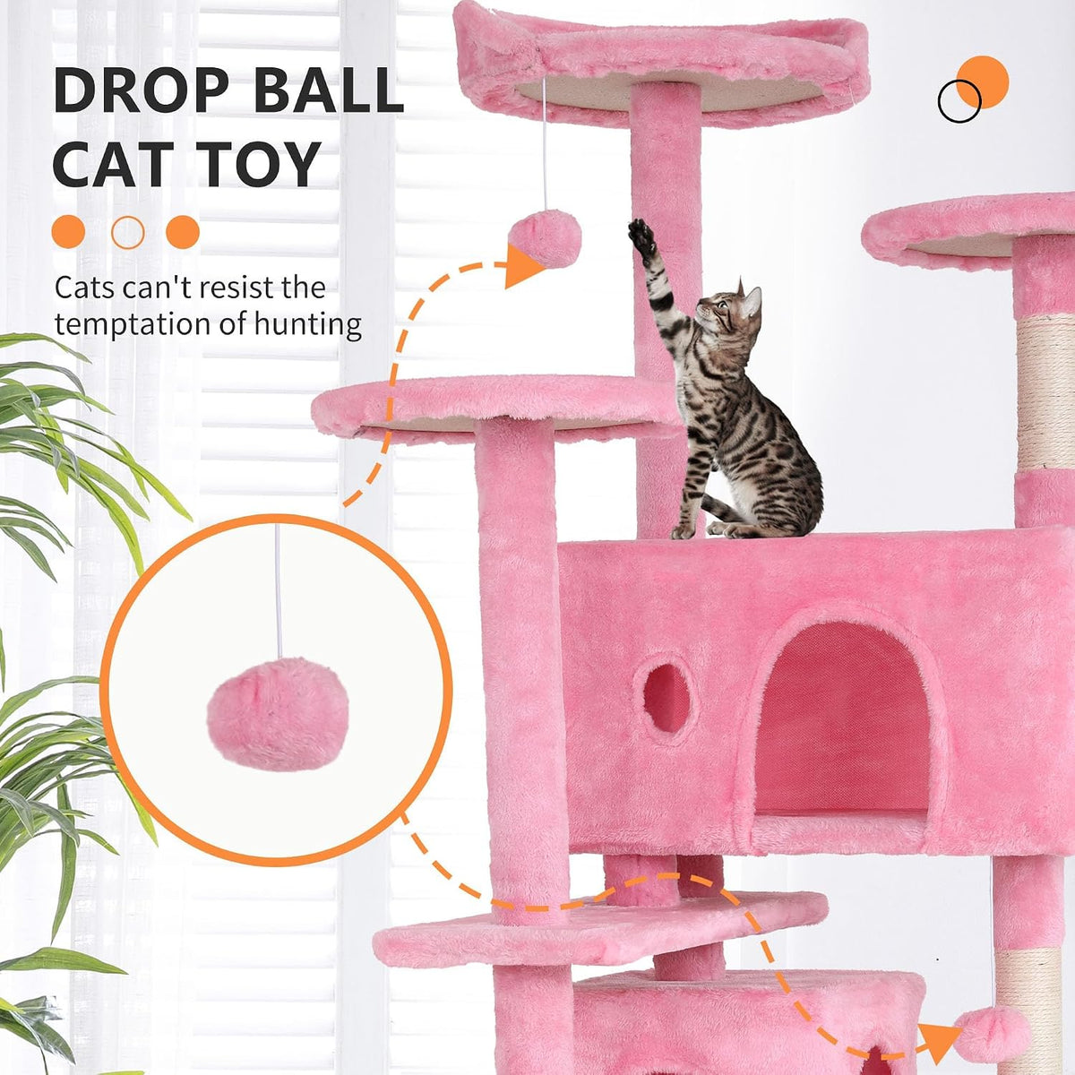 70-Inch Cat Tree with 3 Perches & 2 Cozy Condos – Pink