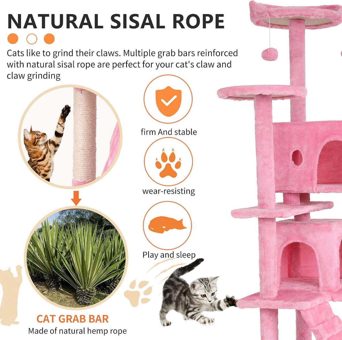 70-Inch Cat Tree with 3 Perches & 2 Cozy Condos – Pink