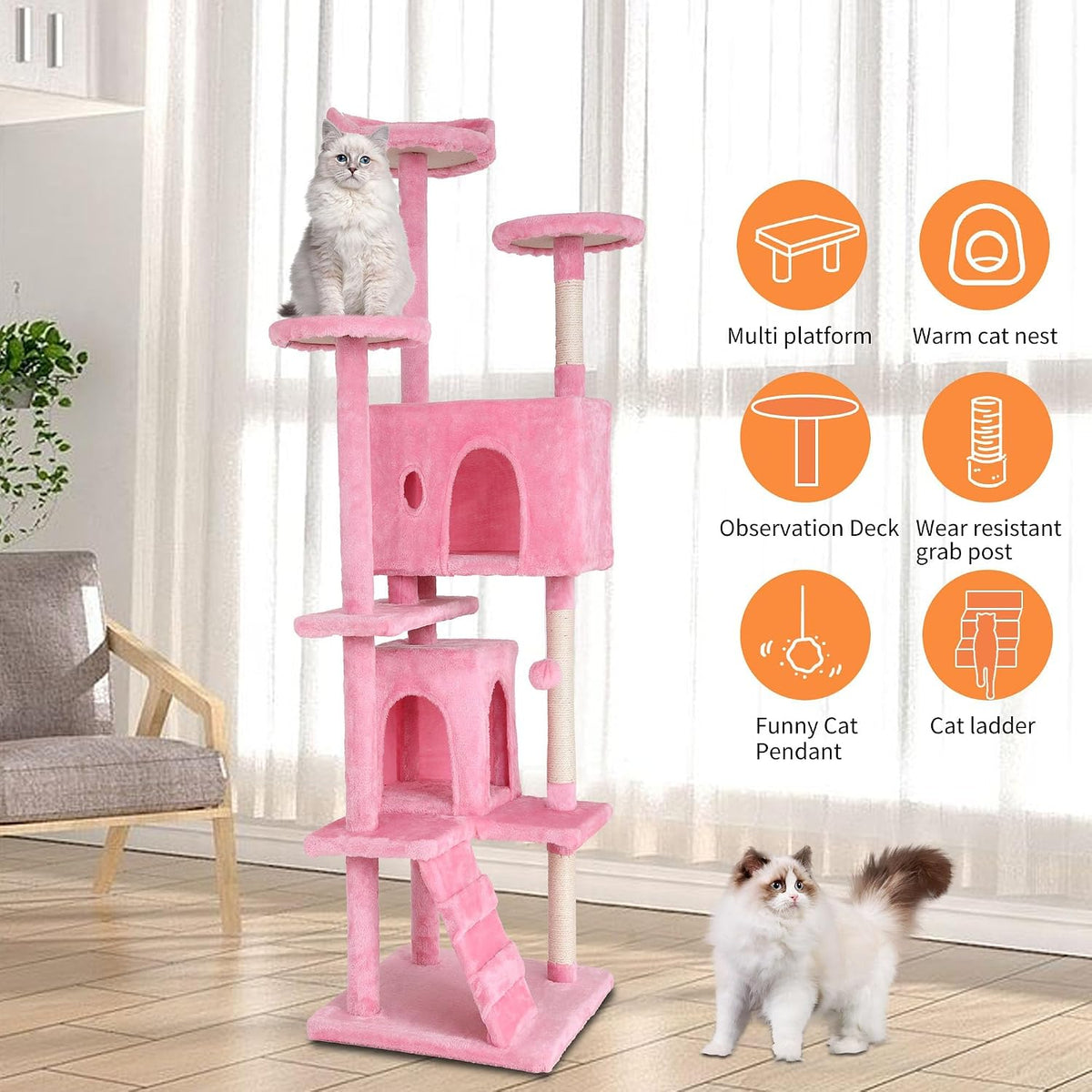 70-Inch Cat Tree with 3 Perches & 2 Cozy Condos – Pink