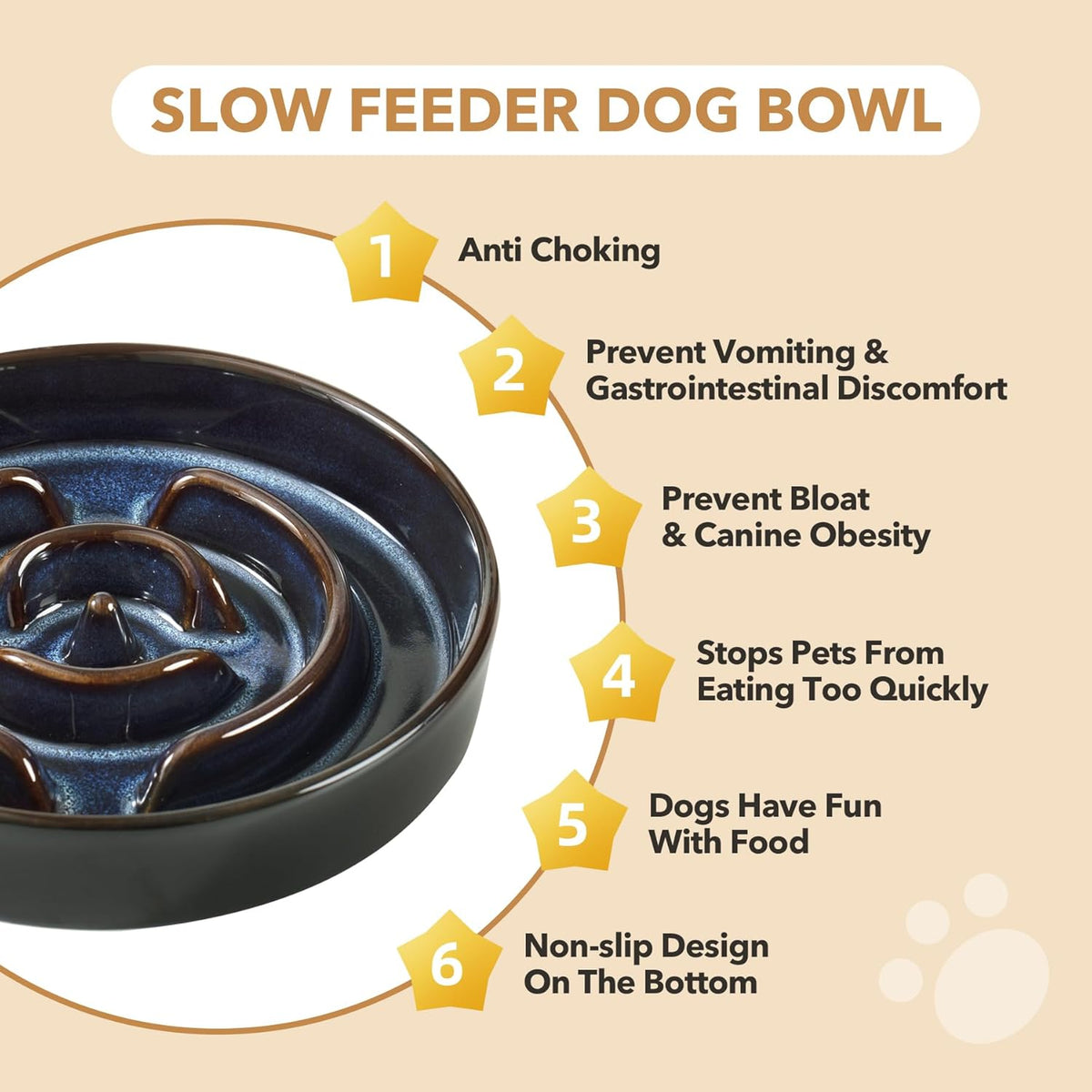 Havniva Ceramic Slow-Feeder Dog Bowl with Wood Stand – Starry Sky