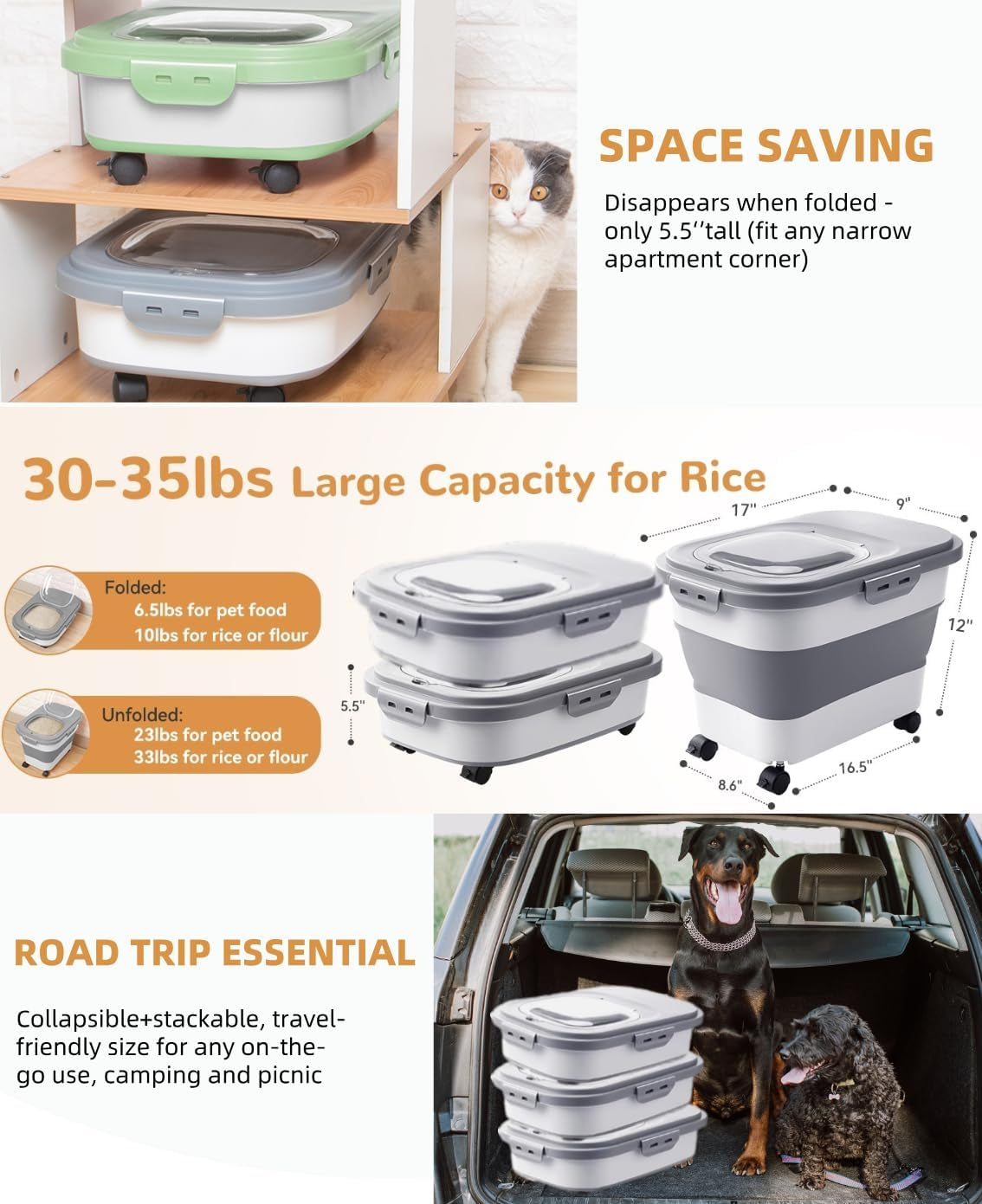 Collapsible Pet Food Storage Container with Wheels – Grey