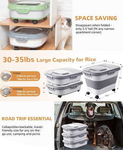 Collapsible Pet Food Storage Container with Wheels – Grey
