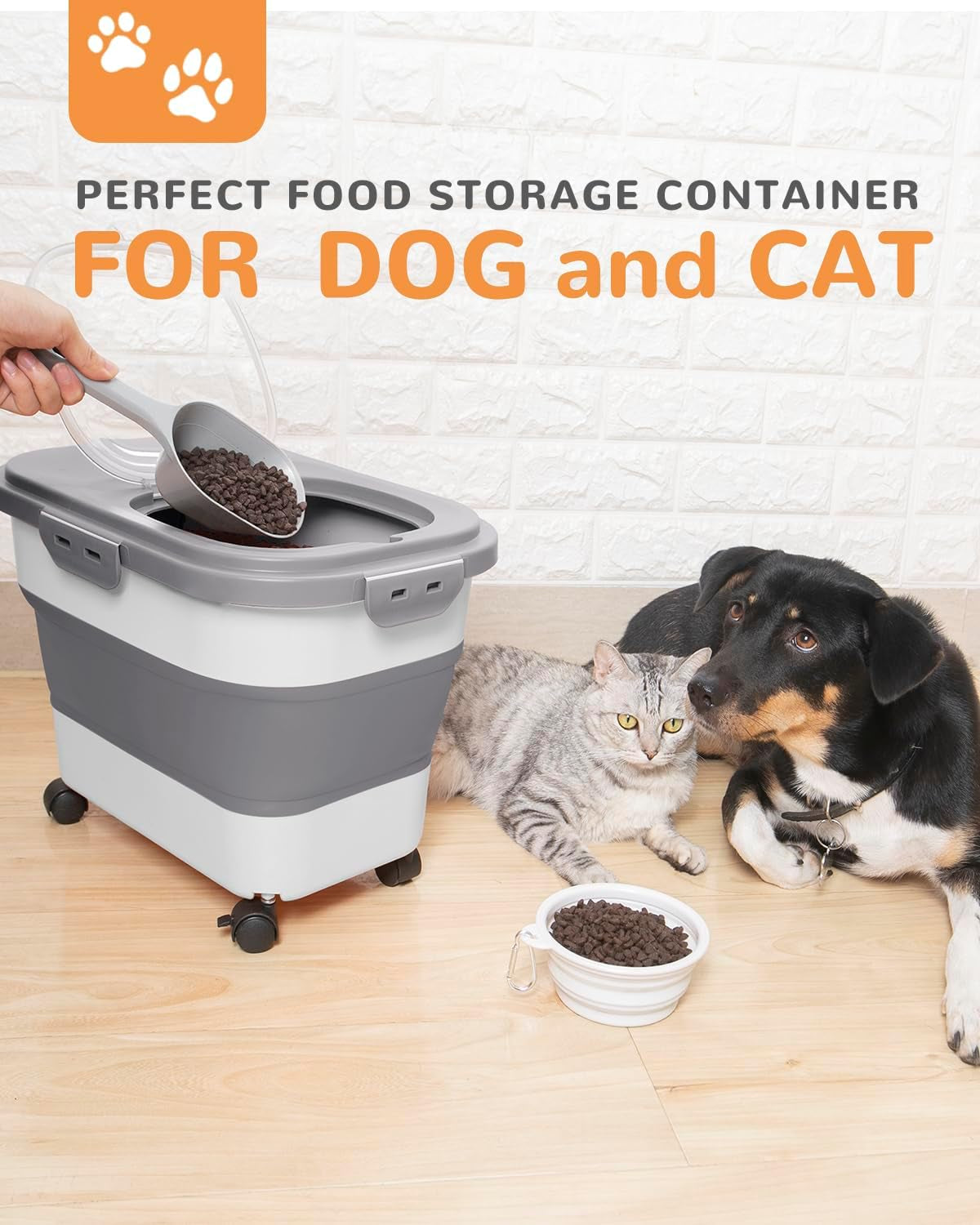 Collapsible Pet Food Storage Container with Wheels – Grey