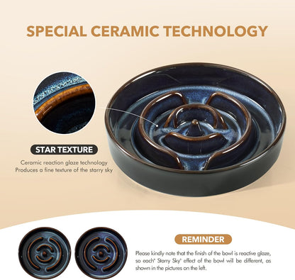 Havniva Ceramic Slow-Feeder Dog Bowl with Wood Stand – Starry Sky